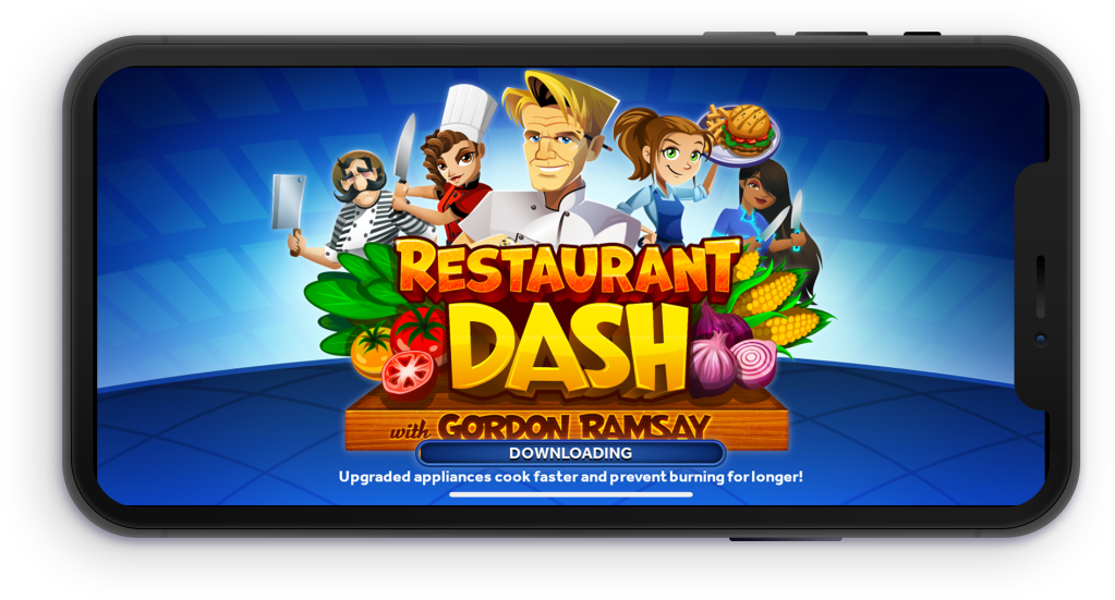 A phone displaying the loading page of Restaurant DASH with Gordon Ramsay.